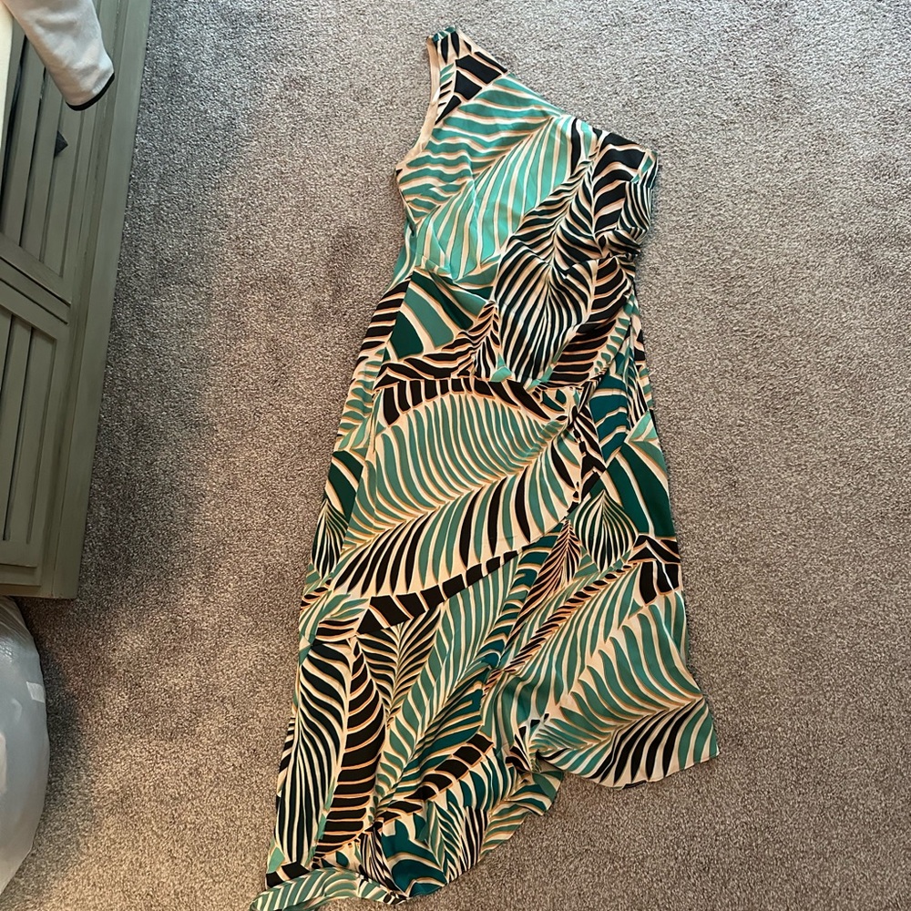 Tropical Leaf Print One-Shoulder Dress